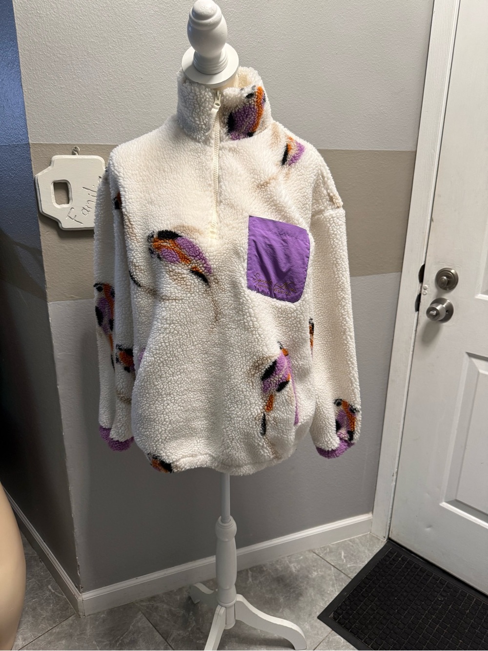 Women’s Cream Sherpa Pullover Jacket with Purple Accent
